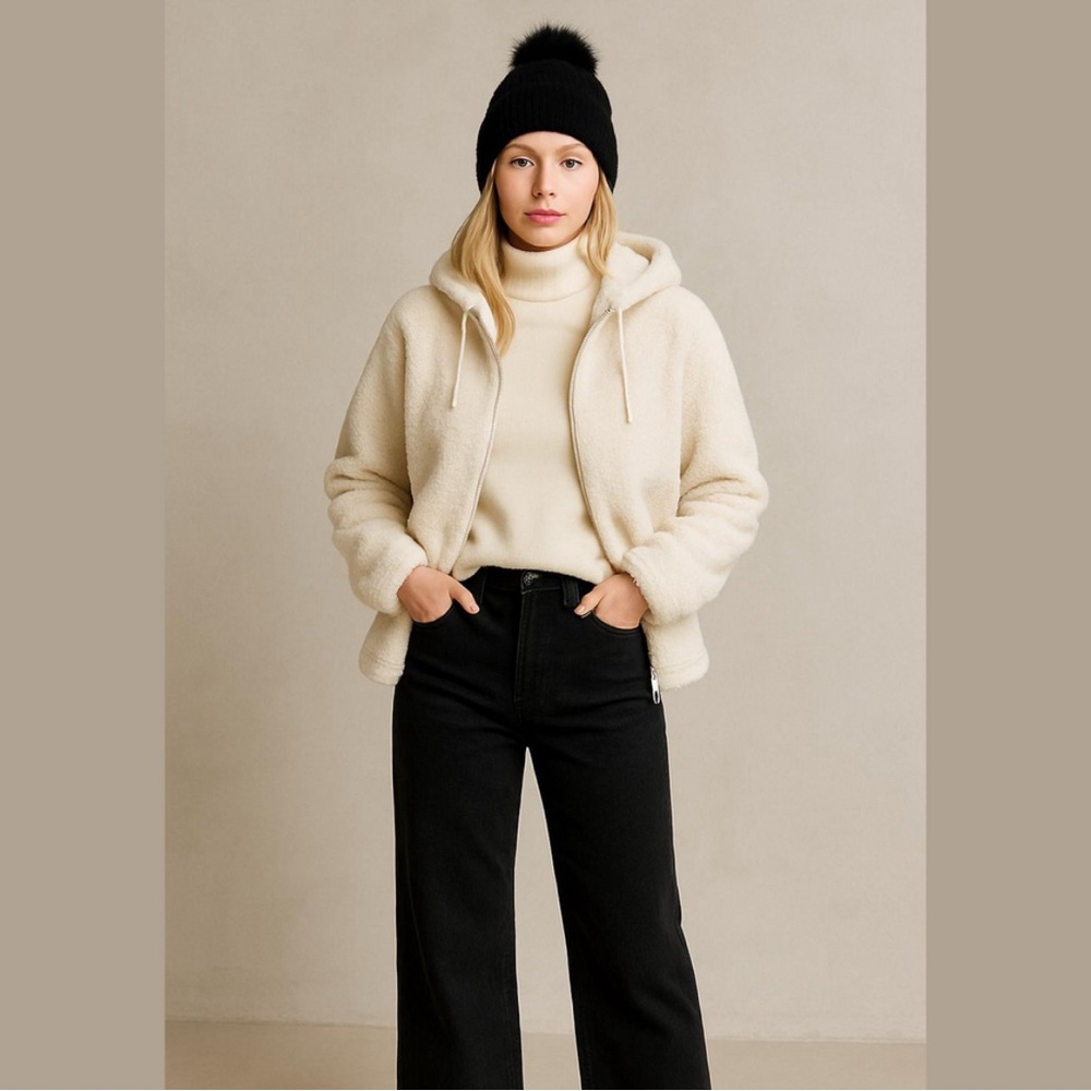 Joie Teddy Sherpa Faux Fur Hooded Jacket in Cream Size S